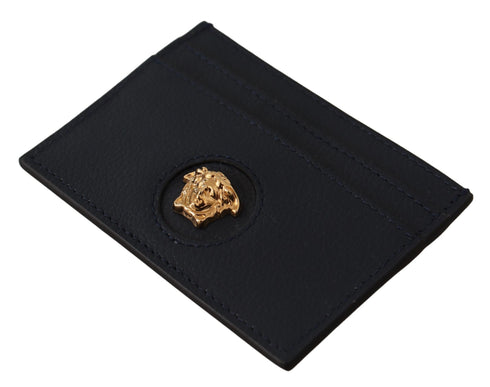 Versace Blue Calf Leather Card Holder Wallet